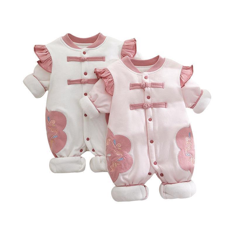 ベビー服 新生児 ベビー ロンパース カバーオール ジャンプスーツ 綿100% 春秋 冬 秋冬 厚手 長袖 無地 花柄 かわいい 女の子 赤ちゃん 59 66 73 80 90