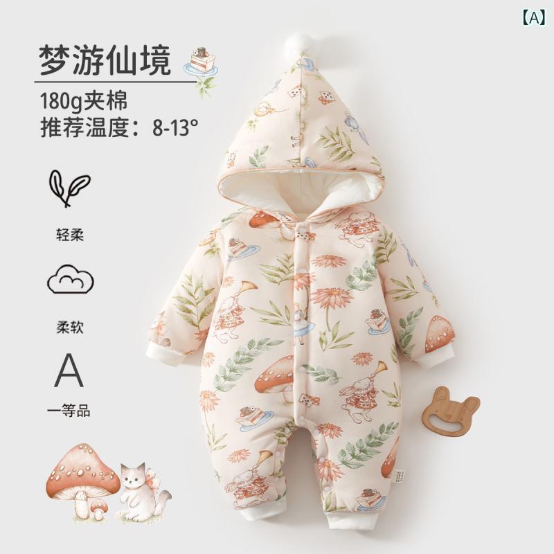 ベビー服 秋冬 長袖 カバーオール ジャンプスーツ 帽子付き 新生児 乳幼児 コットン 厚手 暖かい 快適 ..