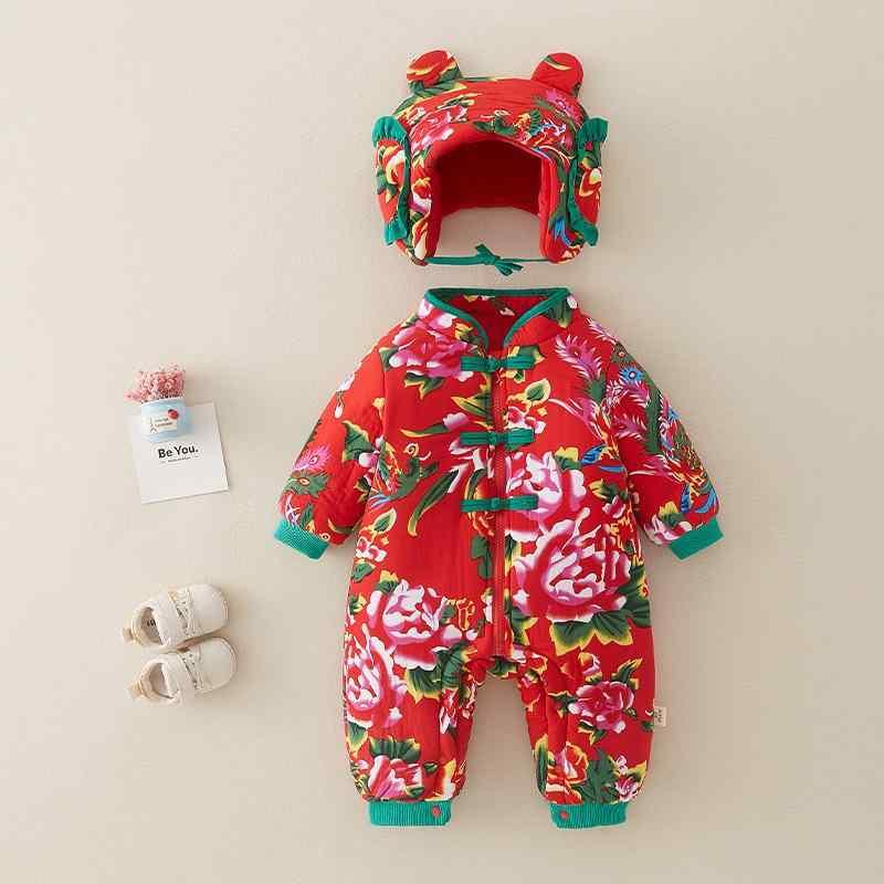 ベビー服 秋冬 長袖ロンパース 新生児 中国風 綿100% 前開き 厚手 防寒 カバーオール 帽子付き 66cm 73..