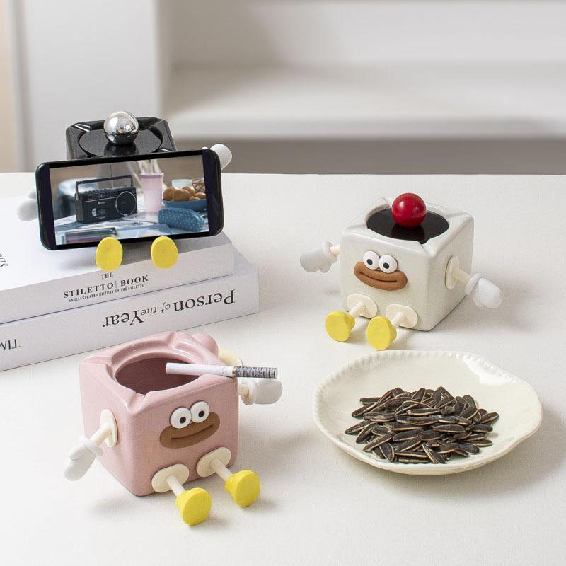 灰皿 おしゃれ かわいい 陶器製 フタ付き 防臭 防塵 卓上 大容量 個性的 スマホスタンド機能