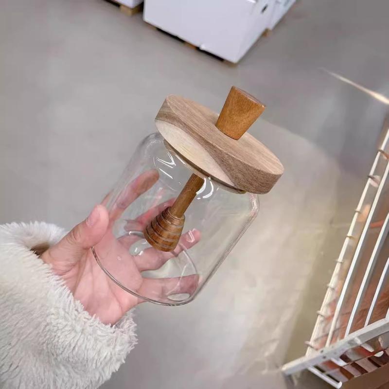 蜂蜜 容器 木製蓋 スプーン付き ガラス製 密閉 蓋付き 保存容器 500ml 400ml 白盒 気泡袋 珍珠棉