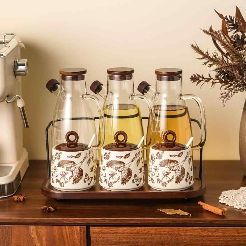 調味料入れ 中古風 キッチン セラミック 砂糖 塩 スパイス オイルボトル 収納 セット 家庭用 花柄 鳥柄..