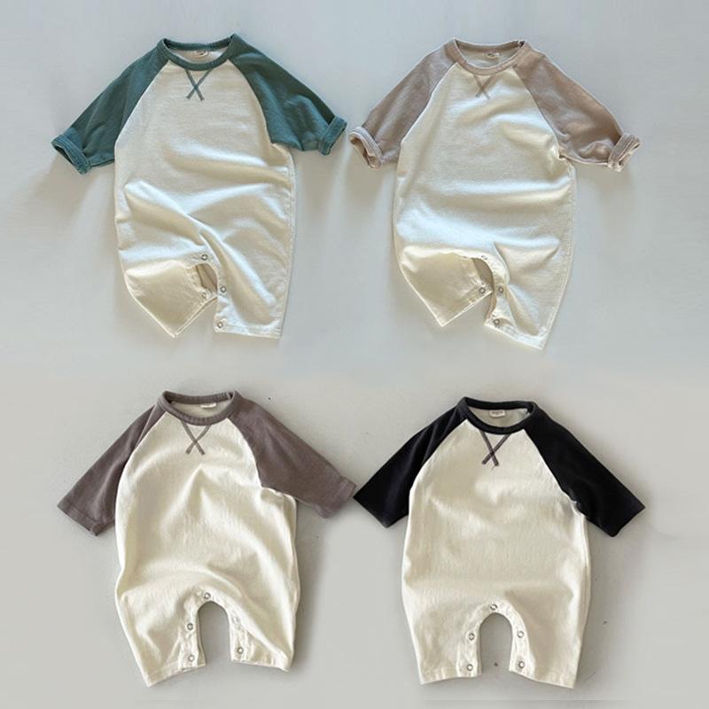 ベビー服 男女兼用 長袖ロンパース カバーオール パジャマ コットン 春秋 韓国風 新生児 幼児 拼接 かわいい