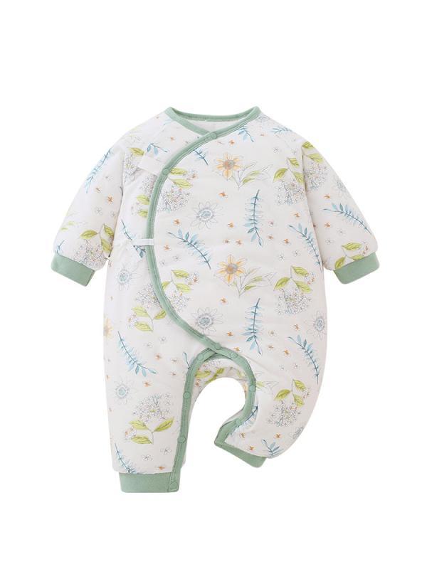 ベビー服 新生児服 カバーオール ロンパース コットン 春秋 冬 長袖 斜めボタン 前開き 蝶の形 かわいい 暖かい 厚手 0歳 1歳 緑 葉 紫 花柄 ウサギ ロケット ブルー 52cm 59cm 66cm