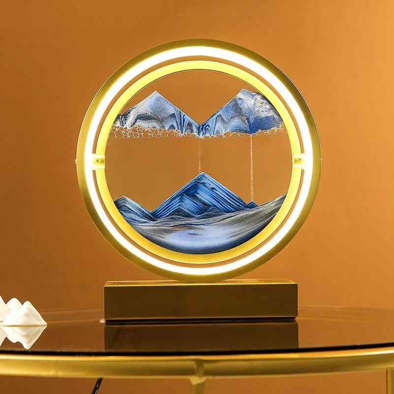 ナイトライト 砂時計 3D 流砂画 置き時計 テーブルランプ 間接照明 幾何学模様 USB充電 リモコン付き 金属フレーム ガラス 天然砂 ブラックフレーム ゴールドフレーム