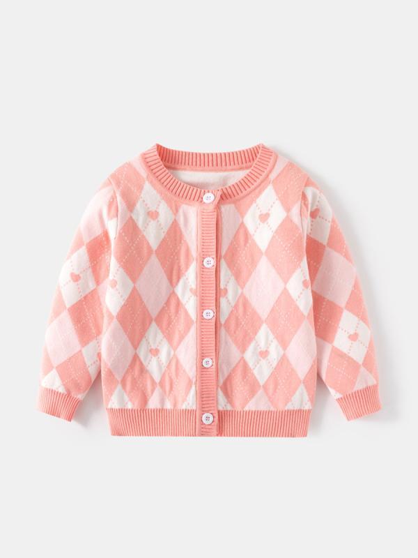 子供服 ニットカーディガン 女の子 コットン 格子柄 ハート 春秋 ベビー セーター 長袖 丸首 普段使い かわいい ピンク系