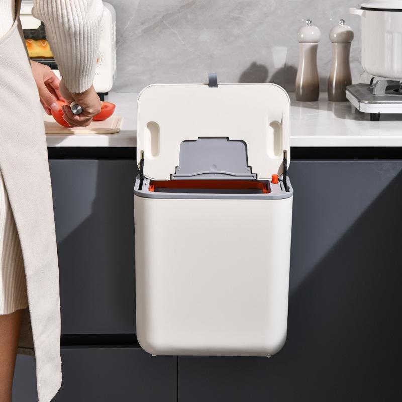 ゴミ箱 吊り下げ式 生ゴミ入れ キッチン 家庭用 トイレ 洗面所 クリーニング 屑入れ 蓋付き 収納 9L プラスチック製 ホワイト系 アイボリー 摇盖式