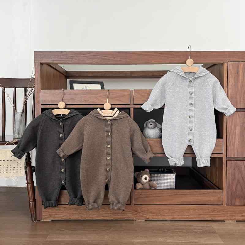 ベビー服 ニット ロンパース 春秋 韓国風 赤ちゃん うさぎ耳付き かわいい 長袖 カバーオール 幼児 普段使い ブラウン グレー系 66 73 80 90 100