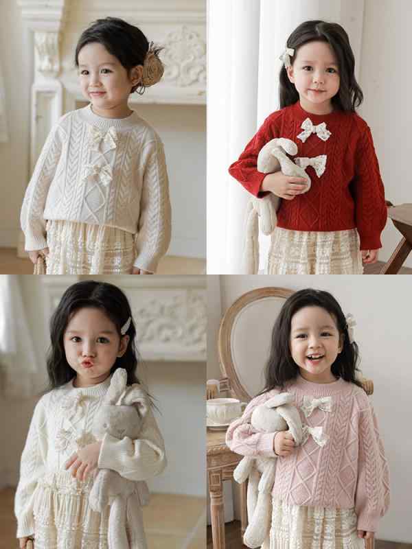 ニット・セーター 女の子 キッズ 子供 ベビー 蝶結び 無地 トップス 長袖 秋 春 かわいい 暖か 肉桂粉 楓葉紅 溪紗白 荷藕米