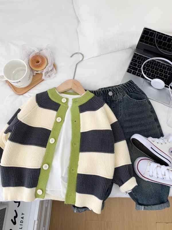 子供服 カーディガン ニット セーター 男の子 秋冬 長袖 ストライプ 丸首 普段使い 幼稚園 保育園 小学生 グレー系