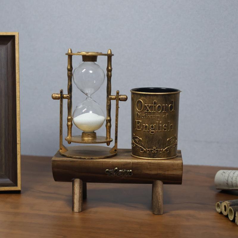 筆立て サンドグラス 砂時計 レトロ アンティーク調 デスク収納 文房具入れ 木製 卓上 オブジェ インテリア ブロンズ風
