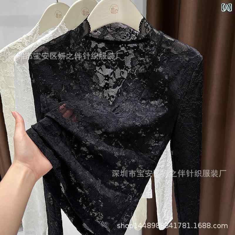 カットソー レディース レース Vネック 長袖 トップス チュール インナー 接触冷感 スリムフィット 小香風 黒 白 ベージュ