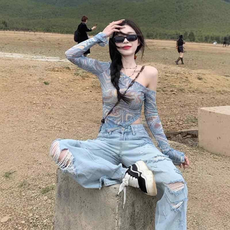 Tシャツ レディース 斜めがけ カットソー 長袖 スリムフィット 接触冷感 トップス 暈染柄 チュニック丈 日韓スタイル カジュアル 普段使い