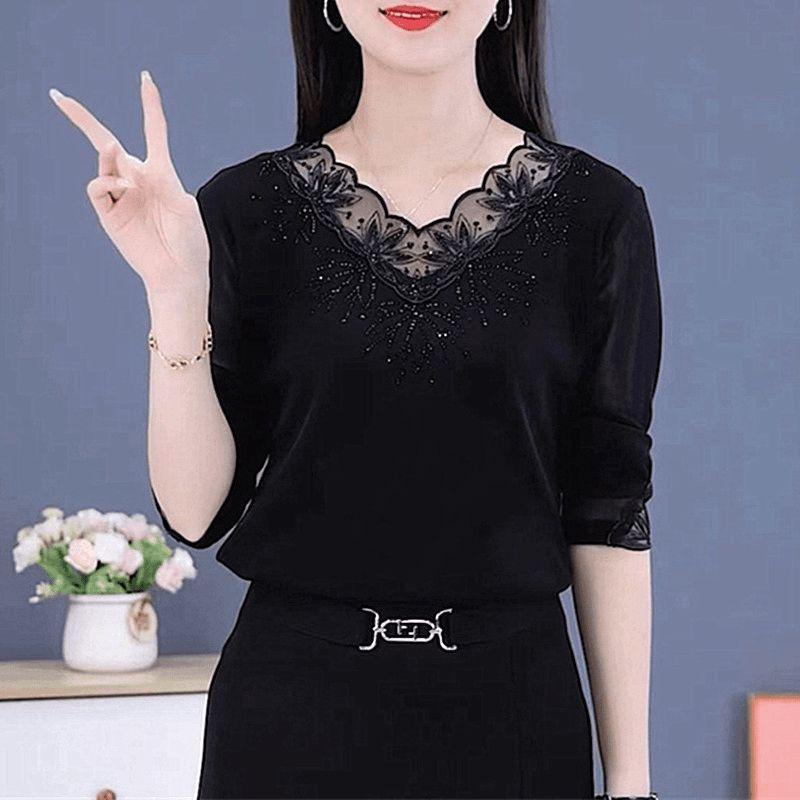 Tシャツ レディース 黒色レース インナー 春秋 ファッション Vネック 長袖 接触温感 裏起毛 スリムフィット 通勤