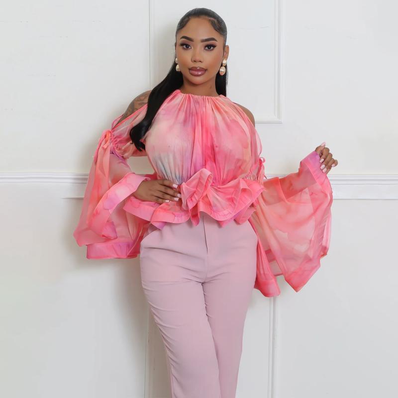 トップス レディース チュニック カットソー 接触冷感 ポリエステル プリント チュニック シャーリング ギャザー ゆったり 体型カバー 着痩せ ピンク系