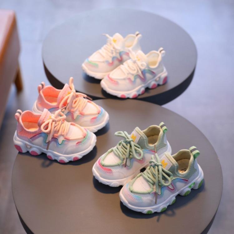 鞋子 - スニーカー キッズ 子供靴 柔らかい靴底 滑り止め 伸縮性 通気性 幼稚園 保育園 運動靴 スポーツシューズ 白 緑 ピンク系 春夏