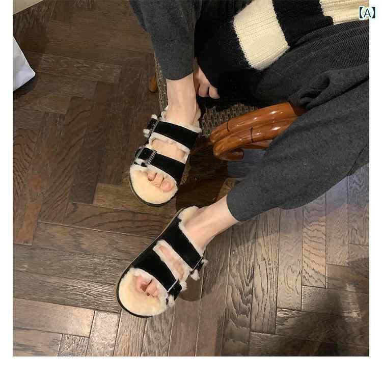 サンダル レディース 厚底 あったか スリッパ 外履き 羊毛風 カジュアル 普段使い かわいい 黒 栗色