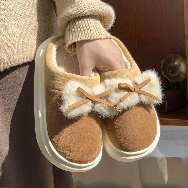 ルームシューズ レディース 秋冬 室内履き あったか スリッパ 厚底 防滑 蝶結び かわいい 金棕色 曜石..