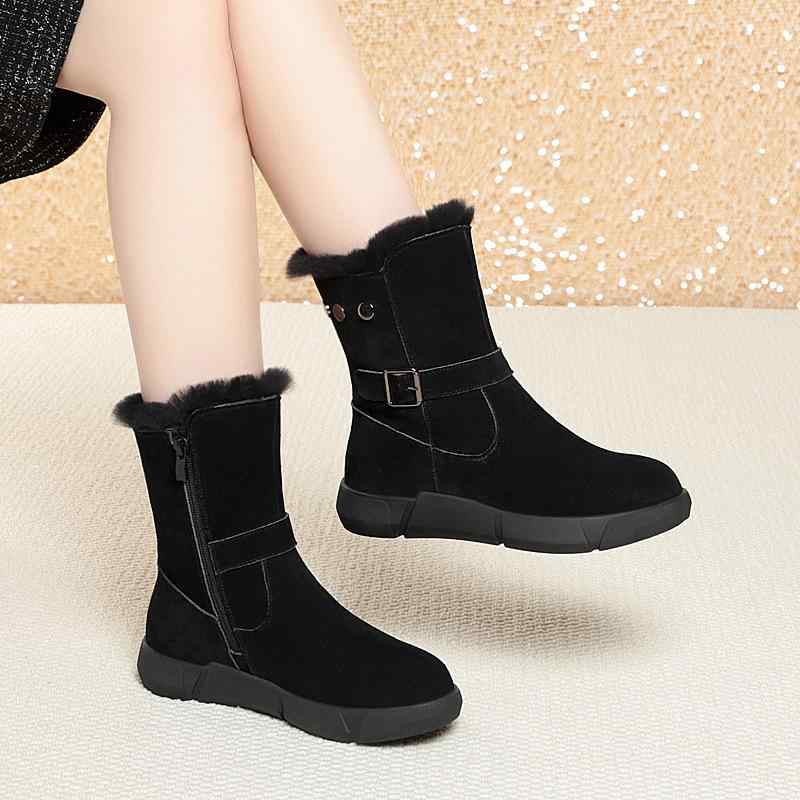 スノーブーツ レディース 婦人靴 防寒ブーツ ミドル丈 羊毛 あったか 裏起毛 フラットヒール ラウンドトゥ 防水 滑り止め 履きやすい ..