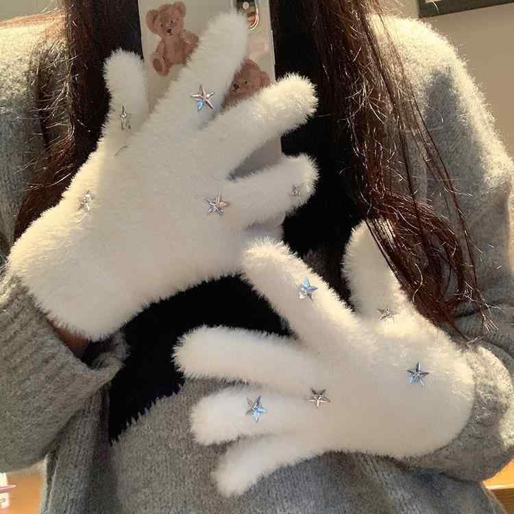 手袋 レディース 冬用 かわいい 学生 防寒 手袋 白 5本指 ニット グローブ 暖か モコモコ ぬいぐるみ 自転車 韓国風 ガーリー(4.0)