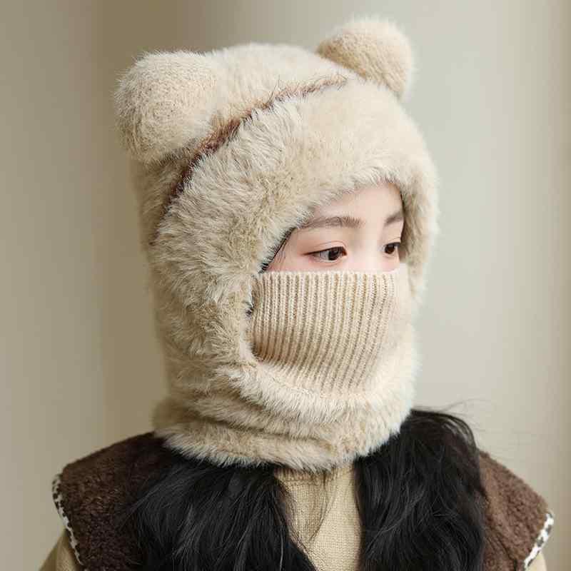 Cap, Hat - ニット帽 キッズ 秋冬 防寒 帽子 女の子 男の子 ネックウォーマー 一体型 フード付き あったか かわいい 裏起毛 ケーブル編み ベージュ ピンク系 白 黒
