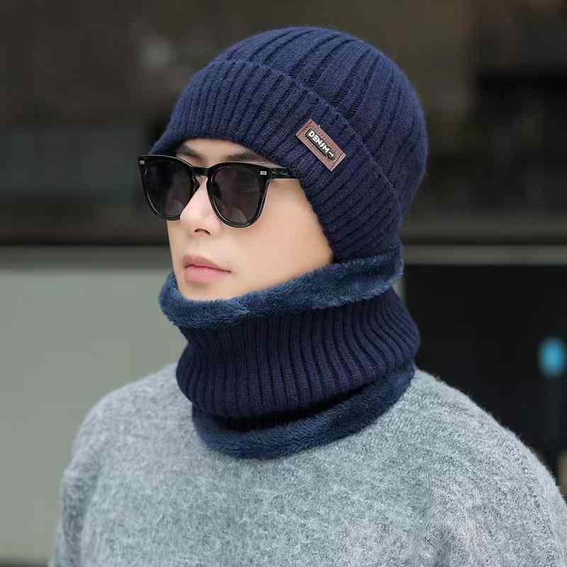 Cap, Hat - ニット帽 男性用 秋冬 防寒 保温 裏起毛 毛糸 ビーニー ワッチキャップ 暖かい 厚手 イヤーマフ ネックウォーマー 無地 ブラック グレー ネイビー カーキ