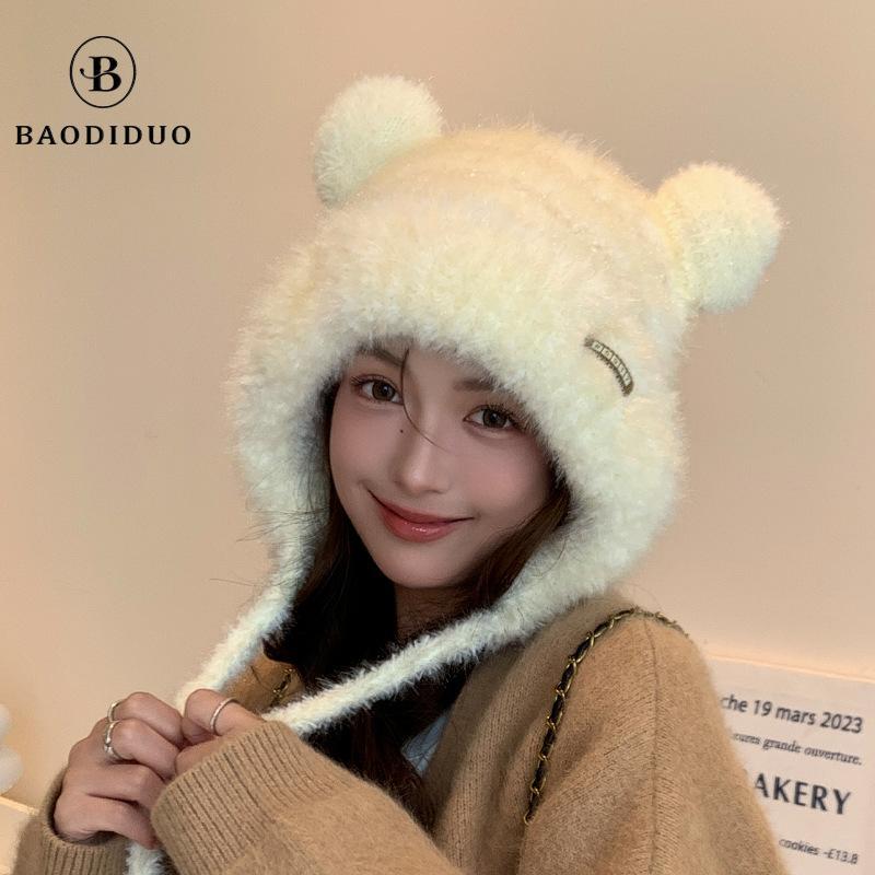 Knit Hat - 帽子 レディース 秋冬 小熊 ニット帽 防寒 あったか ボア かわいい 熊耳付き キャップ ニットキャップ 暖かい ポンポン付き ふわふわ もこもこ 小顔効果 防風 通勤 アウトドア プレゼント ブラック系 カーキ系 アイボリー系