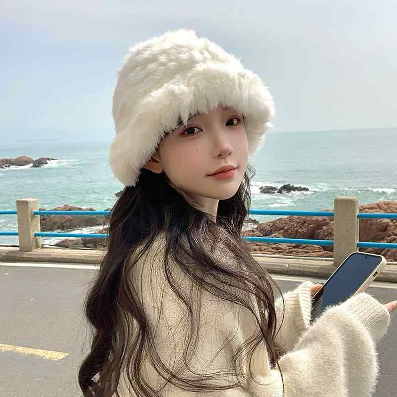 Knit Hat - 帽子 レディース 秋冬 ファー あったか バケットハット 暖かい 小顔効果 防寒 保温 ふわふわ もこもこ ウサギ ラビットファー かわいい きれいめ おしゃれ オシャレ 百搭 無地 シンプル カジュアル