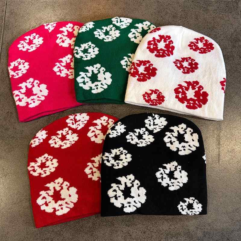 Knit Hat - ニット帽 レディース 秋冬 花柄 ウール 暖かい かわいい 冷え対策 防寒 おしゃれ お洒落 ブラック ホワイト レッド グリーン ローズピンク