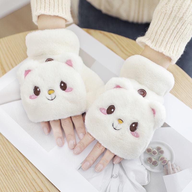 手袋 レディース 秋冬 猫耳 ミトン グローブ スマートフォン対応 指なし あったか ふわふわ かわいい 冷え対策 防寒 通勤 通学(4.0)