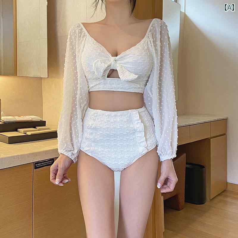 レディース ビキニ セパレート 水着 長袖 高腰 保守 温泉 白色 純色 セクシー 小清新 欧米スタイル ポリエステル 胸パッド 無ワイヤー ..