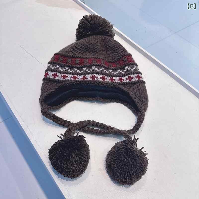 ニット帽 レディース 秋冬 レトロ 提花 ジャカード 保温 防寒 フリンジ 雷鋒帽 ウォーマーキャップ ブラック コーヒー色 カーキ色 ベージュ パープル