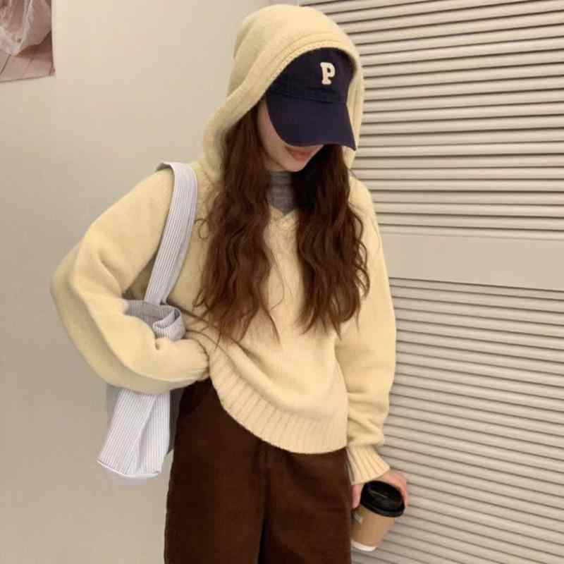 Rakuten - ニット レディース 秋冬 韓国風 パーカー 厚手 プルオーバー フード付き トップス 長袖 ゆったり 暖かい カジュアル かわいい 赤 白 黄色 灰色 青 ピンク ブラック