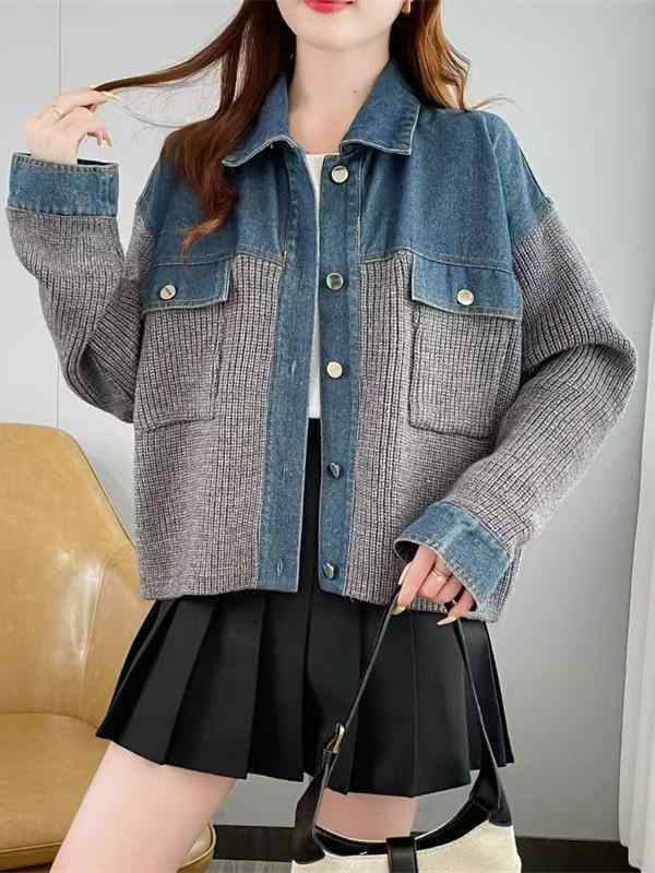 カーディガン レディース ニット 切り替え デニム 秋冬 厚手 ゆったり 長袖 ショート丈 トップス 韓国風 カジュアル ブラック グレー アイボリー ベージュ