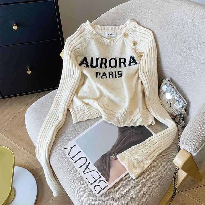 Long-Sleeved Knit - ニット レディース 韓国風 ニット トップス プルオーバー 長袖 ラウンドネック ショート丈 ゆったり 厚手 秋冬 普段使い 部屋着 杏色