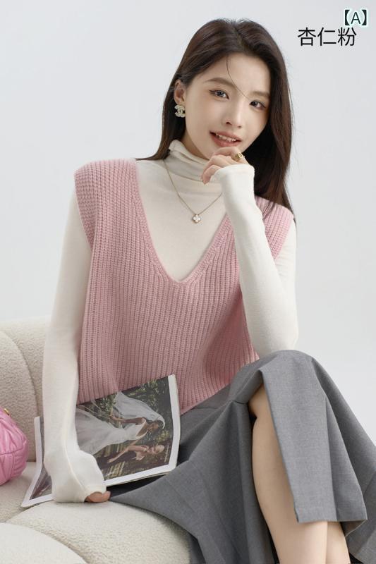 ニット レディース 秋冬 Vネック ベスト ウール チョッキ 重ね着 ゆったり かわいい おしゃれ ファッション 杏仁粉 浅冷緑 炭金黒 オフホワイト 蟠桃黄 レトロ 文芸