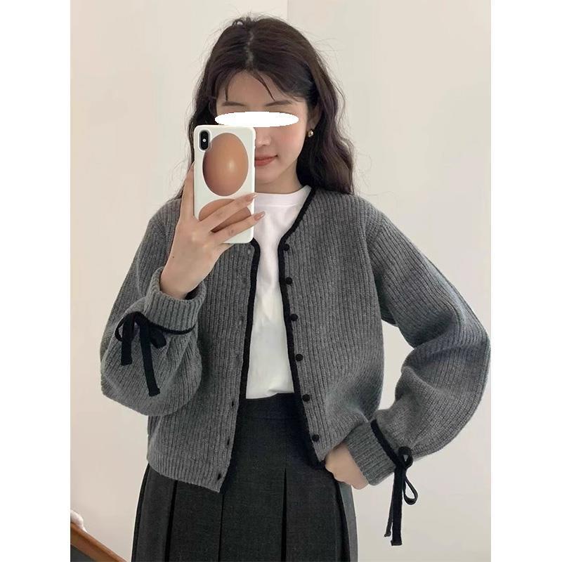 ニットカーディガン レディース 春秋 ショート丈 カーディガン 韓国風 丸首 長袖 ニット トップス 灰色 ゆったり ふわふわ モヘヤ風 かわいい カジュアル