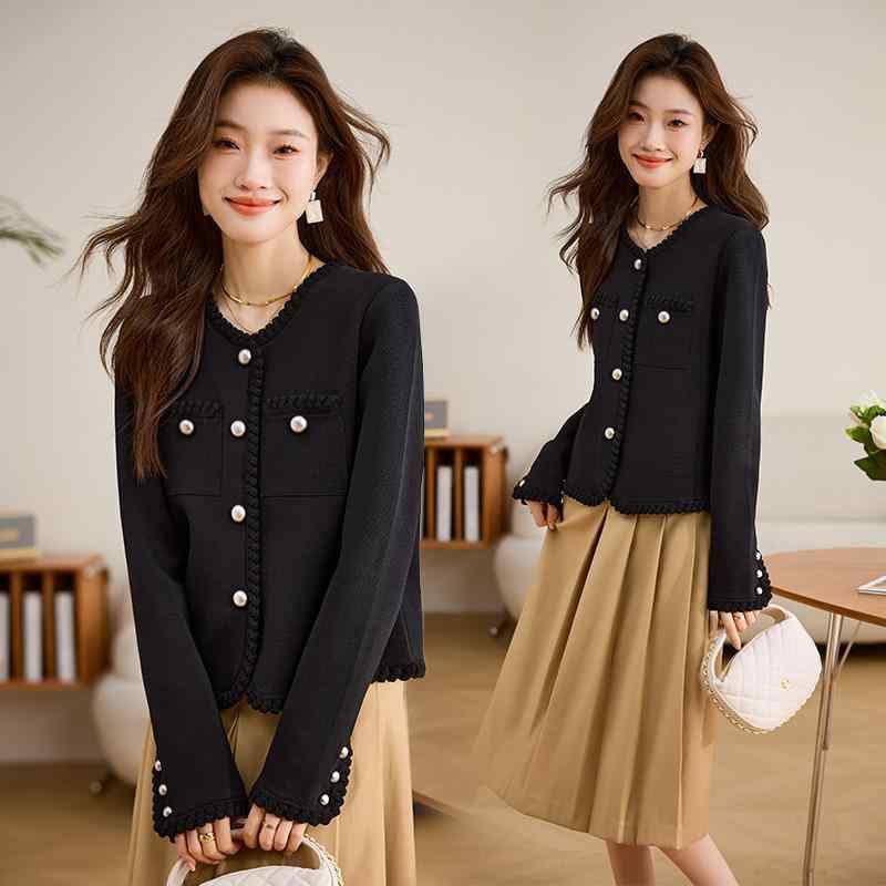 カーディガン レディース 春秋冬 韓国風 ニット Vネック ブラック 黒 メタルボタン ゆったり 襟付き ポリエステル アクリル