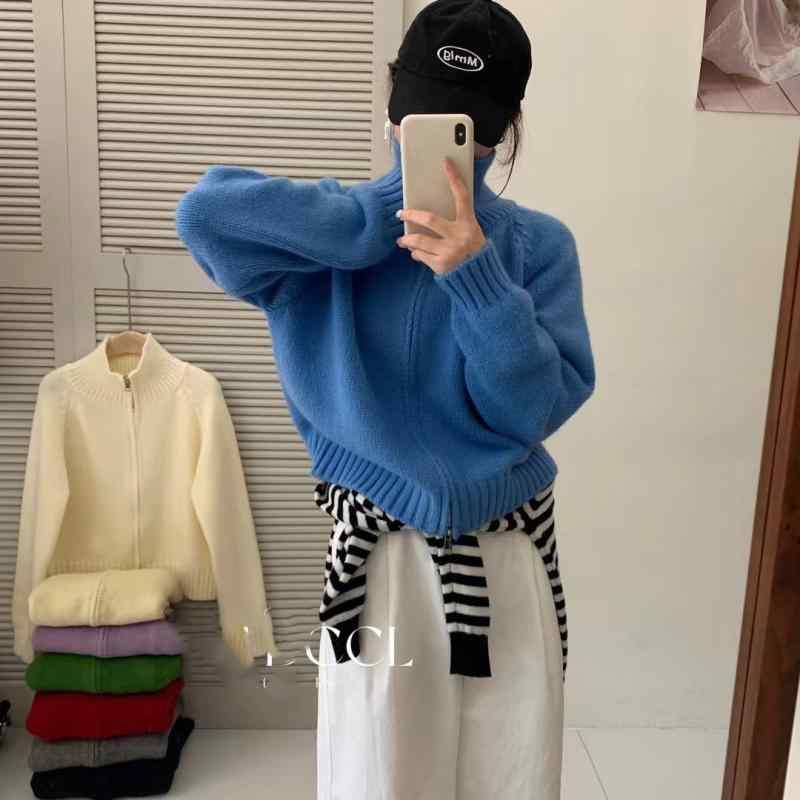 ニット カーディガン レディース 秋冬 ショート丈 ダブルジップ 韓国風 ゆったり 羽織り 厚手 長袖 トップス アウター カジュアル 普段使い 日韓スタイル リラックス ウェア