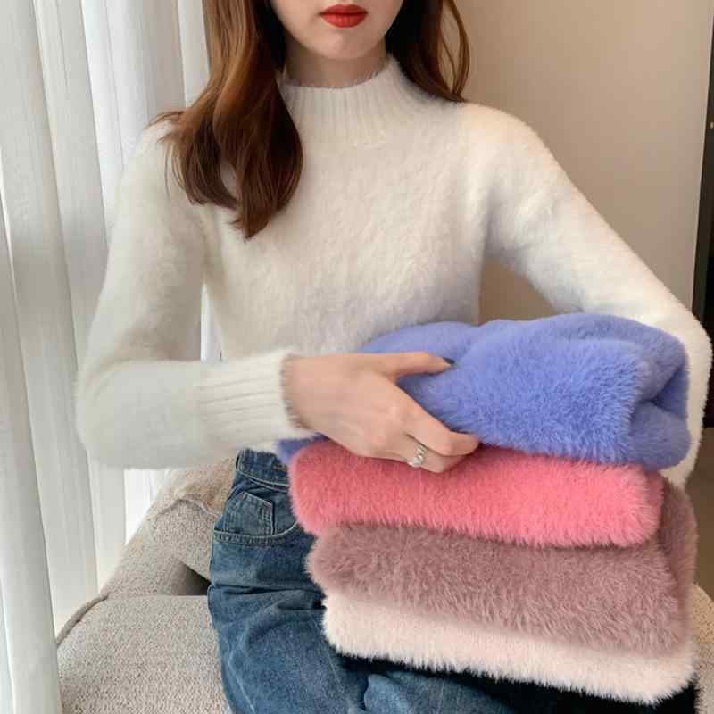 Long-Sleeved Knit - ニット レディース セーター トップス 秋冬 長袖 ふわふわ もこもこ プルオーバー 厚手 あったか 暖か 無地 ゆったり カジュアル かわいい 通勤 オフィス おしゃれ 着回し 白 ホワイト ブルー キャメル コーラル
