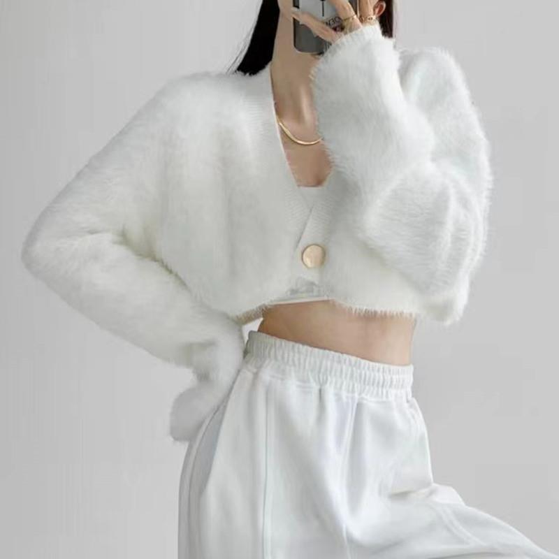 Long-Sleeved Knit - ニット レディース カーディガン 秋冬 ゆったり あったか 厚手 Vネック 長袖 ショート丈 ニットカーディガン トップス 羽織り アウター 韓国ファッション カジュアル 無地 オフィスカジュアル きれいめ かわいい ブラック系 ホワイト系 ベージュ