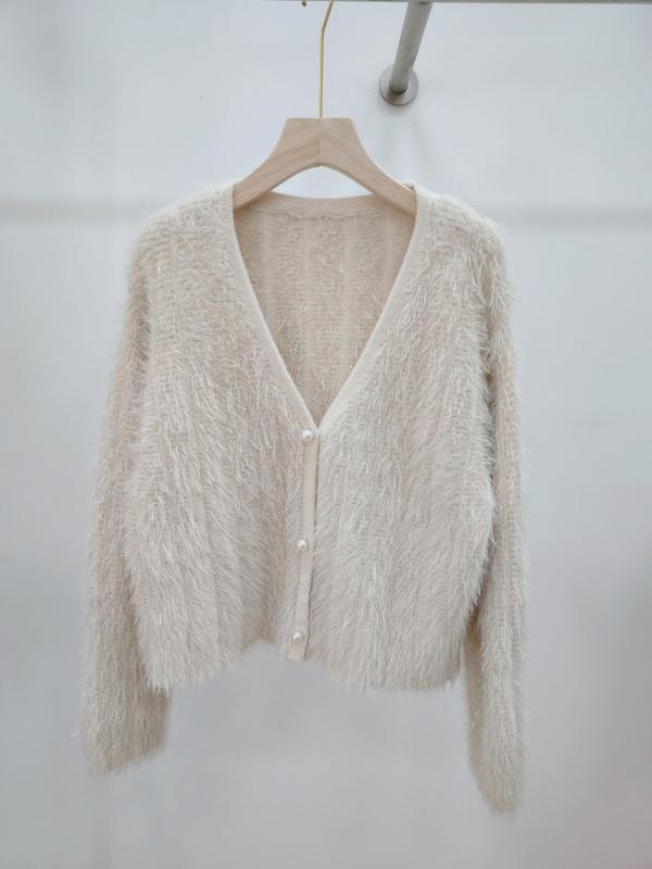 Three-Quarter Knit - ニットカーディガン レディース Vネック ショート丈 フェイクファー カシミヤタッチ 長袖 トップス プルオーバー 接触冷感 伸縮性 厚手 オフィス カジュアル かわいい おしゃれ 秋冬 ピンク系 グレー