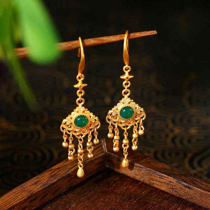 其它 - イヤリング レディース 中国風 古典的 花柄 揺れる タッセル 電気メッキ加工 ゴールド ストーン エレガント レトロ アクセサリー ギフト