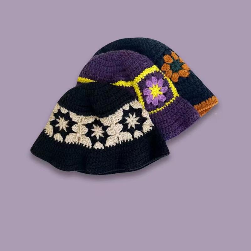 帽子 レディース 秋冬 漁夫帽 手編み 花柄 切り替え 小顔効果 レトロ 透かし編み ウール あったか かわいい ブラック パープル ネイビー