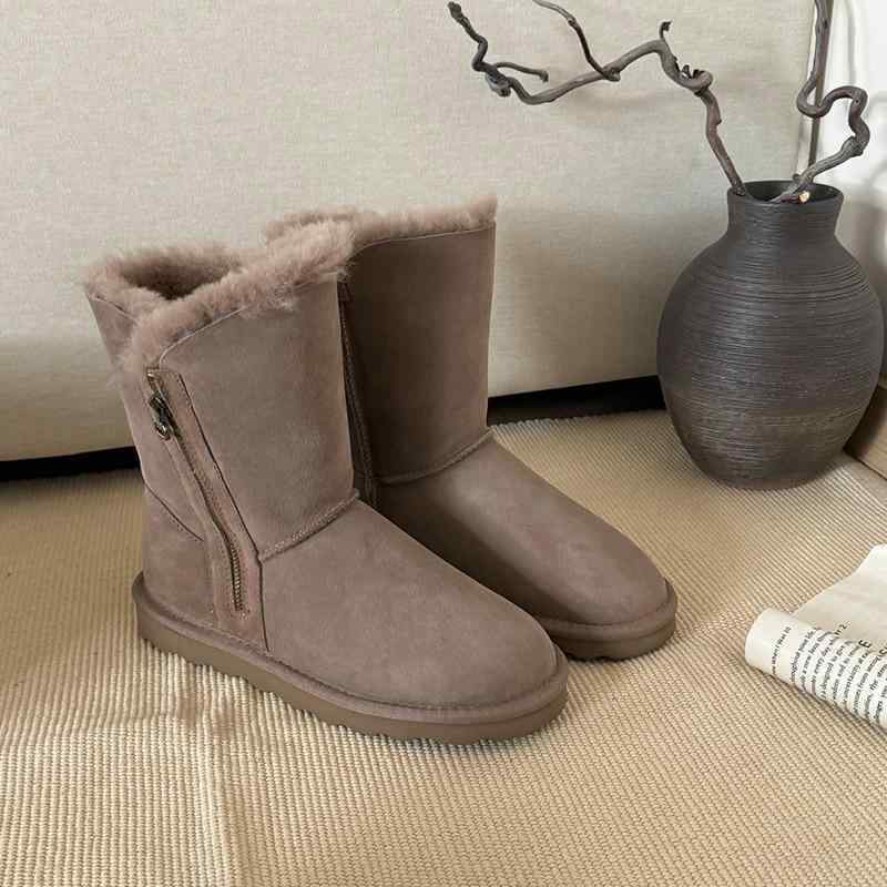 スノーブーツ レディース 高筒 羊革 シープスキン 厚底 保温 軽量 防寒 暖かい スノーシューズ サイドジップ カジュアル 秋冬 普段使い 婦人靴 35 36 37 38 39 40 鹿 栗色 グレー