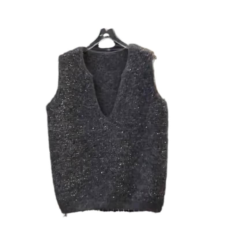 ニット レディース ベスト 重ね着風 プルオーバー ショート丈 Vネック ケーブル編み かわいい 韓国風 トップス 婦人服 グレー