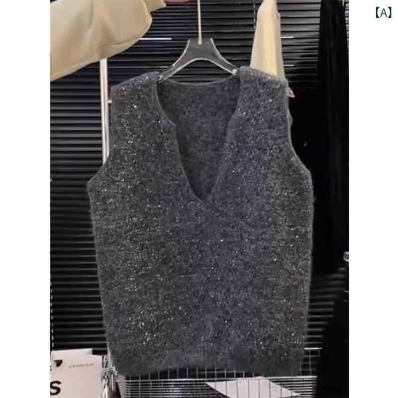 ニット レディース ベスト 重ね着風 プルオーバー ショート丈 Vネック ケーブル編み かわいい 韓国風 トップス 婦人服 グレー