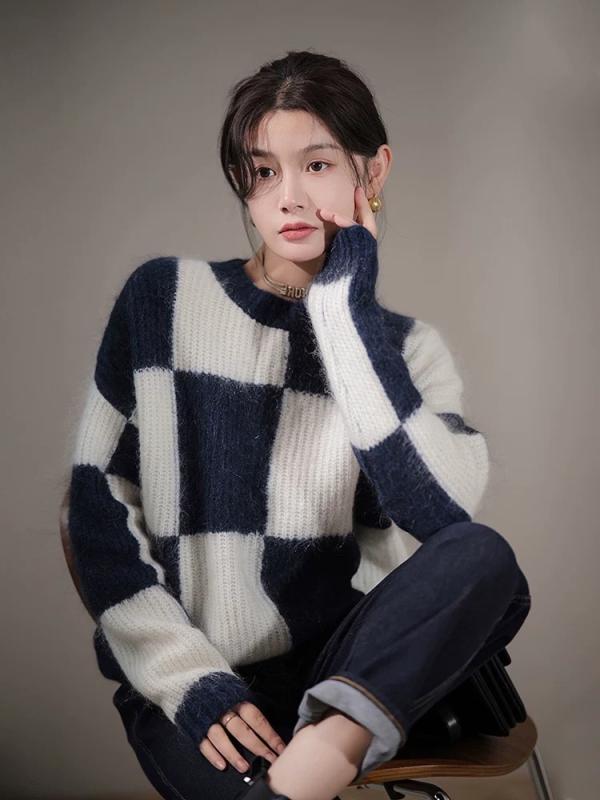 ニット レディース 秋冬 ニットトップス 格子柄 プルオーバー 暖かい 厚手 ゆったり 長袖 ラウンドネック 文芸風 普段使い 部屋着 ネイビー カーキ S M L XL