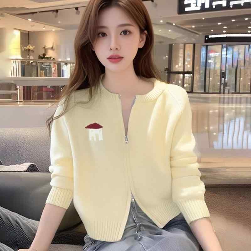ニット カーディガン レディース 韓国風 ラウンドネック 提花 模様 長袖 ショート丈 アウター 羽織り ゆったり カジュアル 普段使い 秋冬 赤色 アプリコット色 黄色