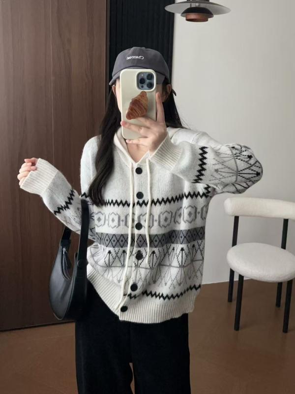 乐天商城 - ニット・セーター レディース ニットカーディガン 秋冬 韓国風 羊毛混紡 ゆったり フード付き ケーブル編み グレー系 アイボリー系 長袖 リラックス 普段使い デート